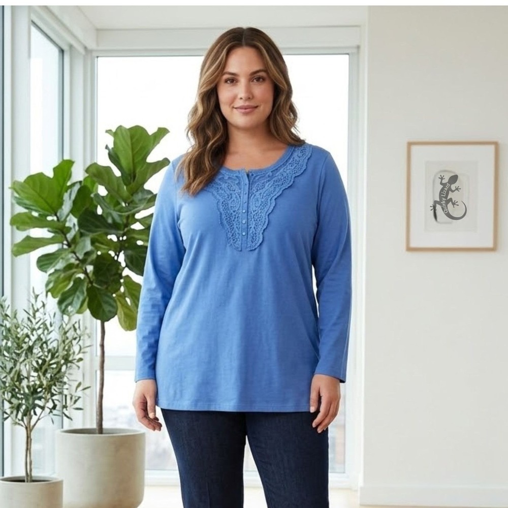Woman Within Womens 1X Blue Crochet Lace Henley Long Sleeve Cotton Knit Top